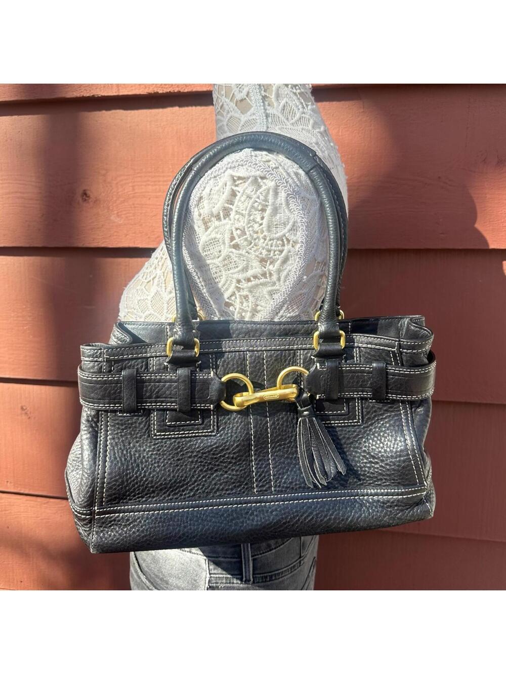 Coach Hamptons Black Pebbled Leather Horsebit Satchel